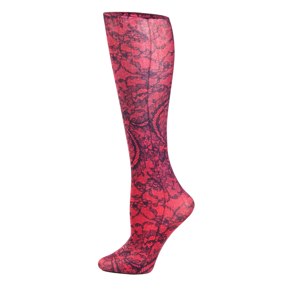 20-30 mmHg Womens Compression Sock with Rouge Lace Pattern, Red - Regular