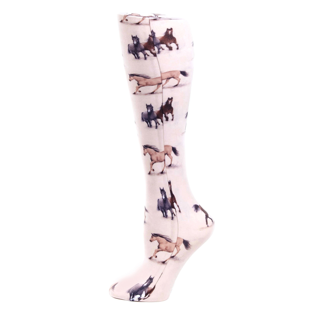 20-30 mmHg Womens Compression Sock with Horses Pattern, Beige - Regular
