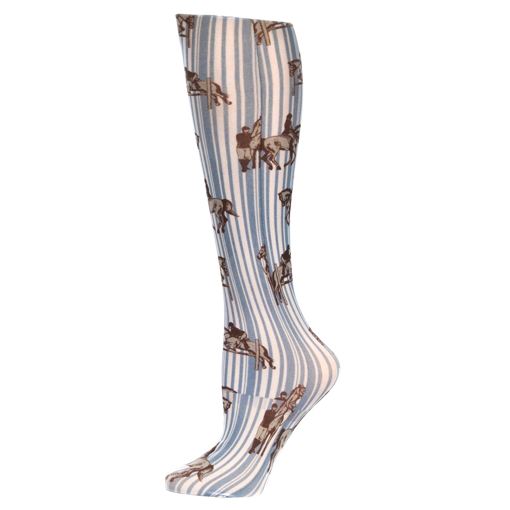 20-30 mmHg Womens Compression Sock with Jumping Horses Pattern, Blue - Regular