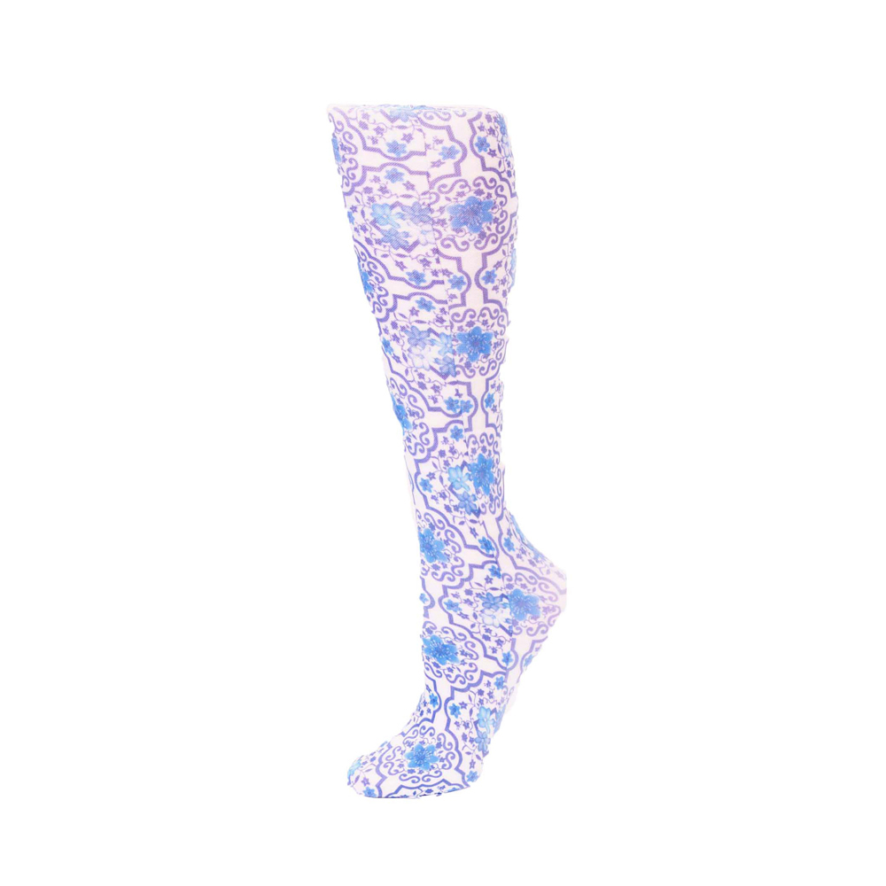 20-30 mmHg Womens Compression Sock with Tile Pattern, Blue - Regular