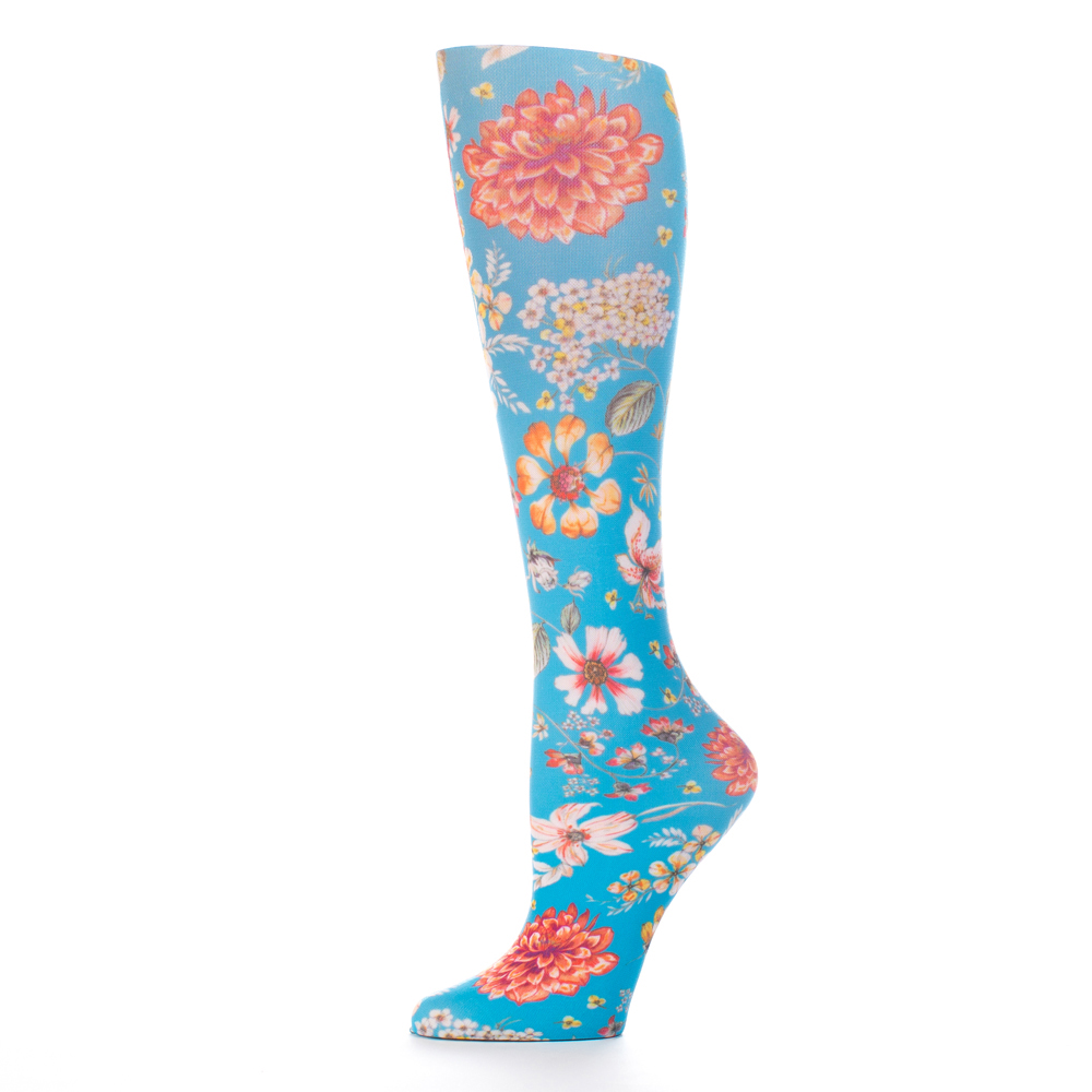 20-30 mmHg Womens Compression Sock with Prairie Flowers Pattern, Blue - Regular