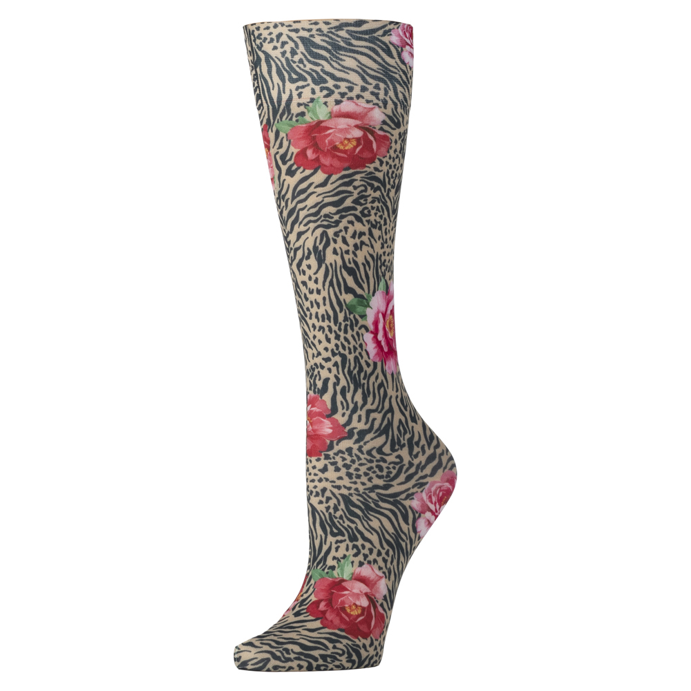 20-30 mmHg Womens Compression Sock with Tiger Rose Pattern, Brown - Regular