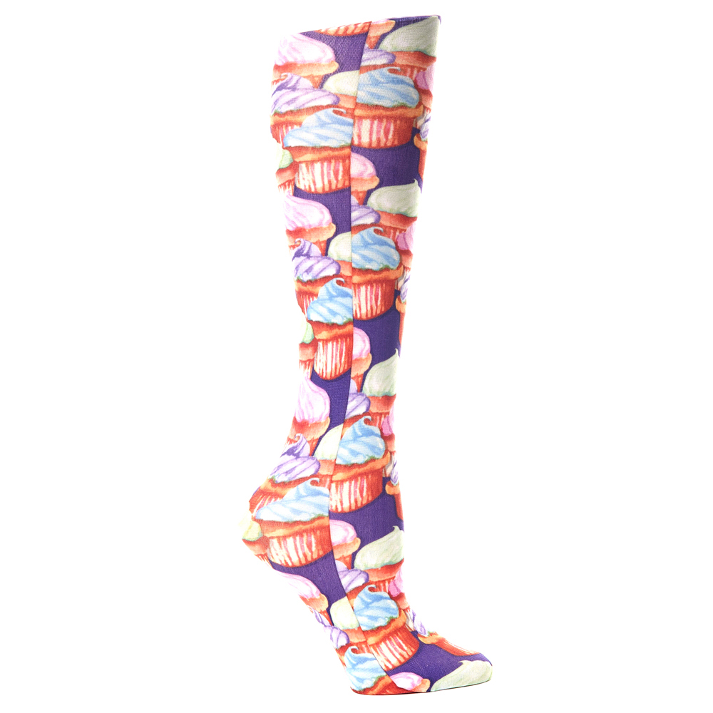20-30 mmHg Womens Compression Soft Sock with Cupcakes Pattern, Purple - Queen