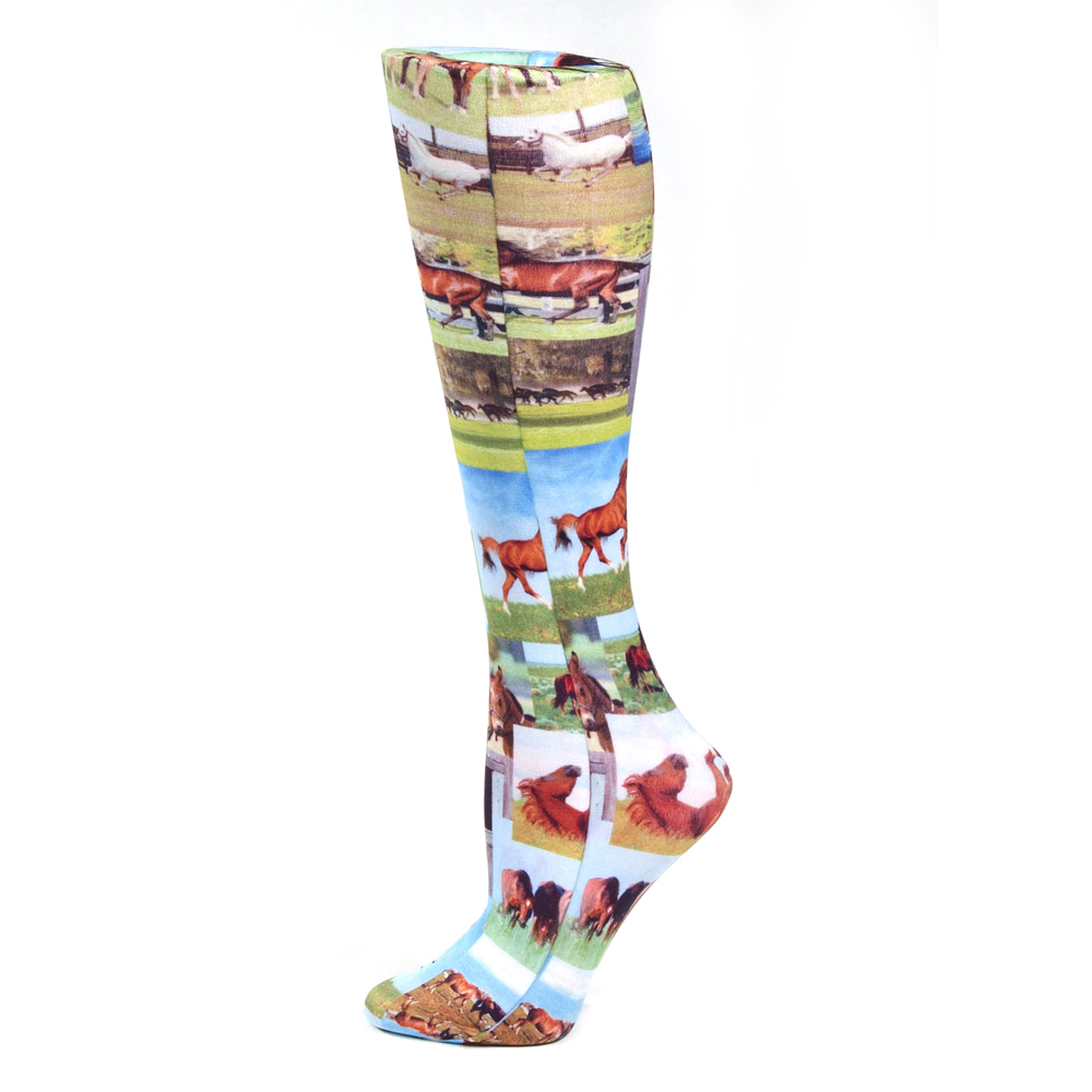 15-20 mmHg Compression Sock with Horse Collage Pattern, Brown - Queen