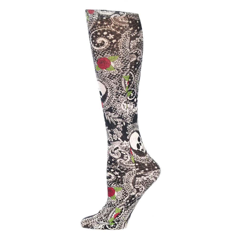 Celeste-Stein-CMPSQ-2-2019 15-20 mmHg Compression Sock with Skulldugary Pattern, Black & White - Queen