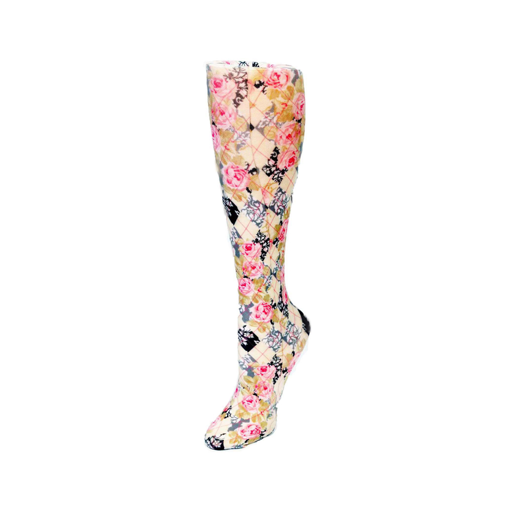 15-20 mmHg Compression Sock with Harlequin Roses Pattern, Pink - Queen