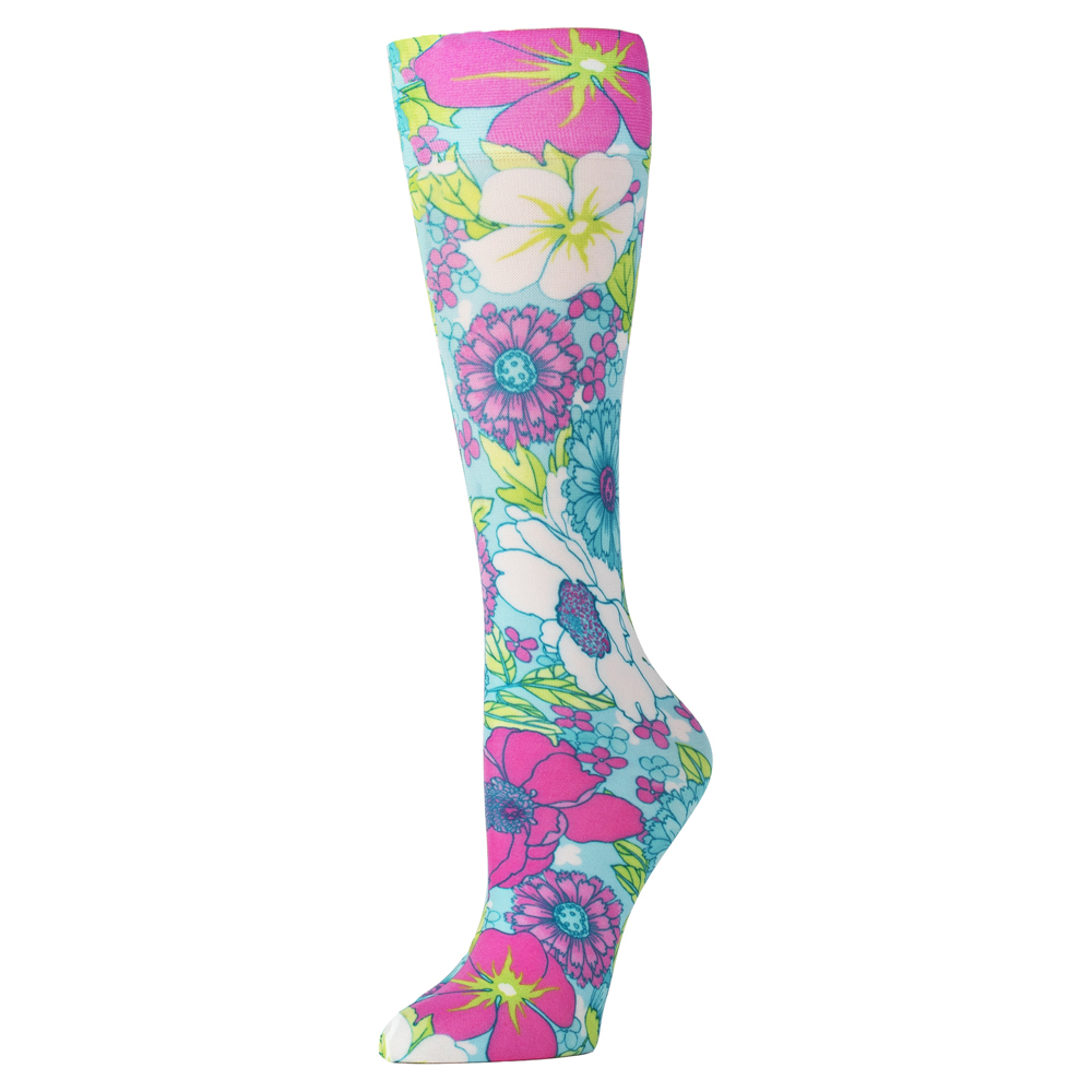 15-20 mmHg Compression Sock with Lillys Garden Pattern, Turquoise - Queen