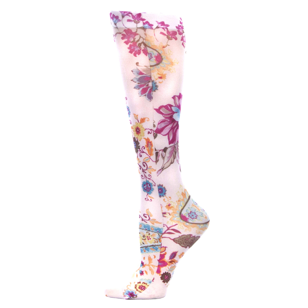 20-30 mmHg Compression Sock with Tropical Paisley Pattern, White - Queen