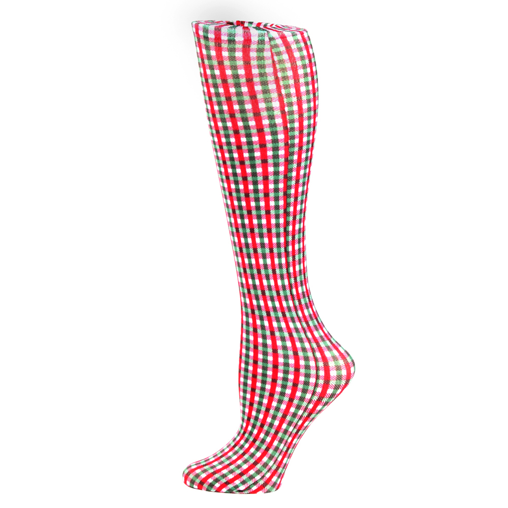 20-30 mmHg Womens Compression Sock with Holiday Check Pattern, Red - Queen