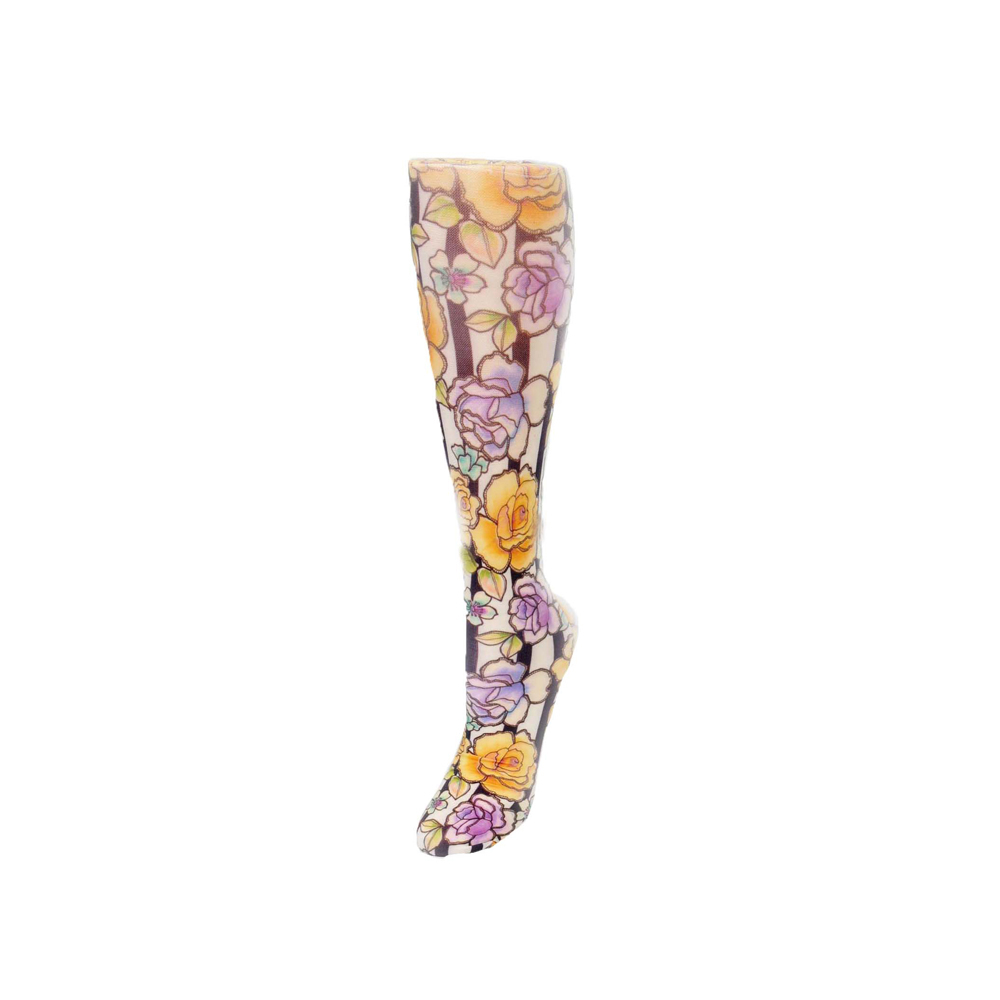 20-30 mmHg Womens Compression Sock with Roses N Stripes Pattern, White - Queen