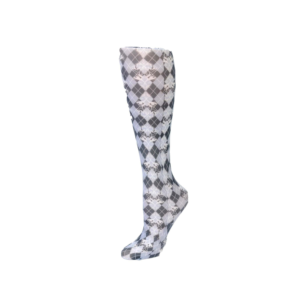 20-30 mmHg Compression Sock with Damask Harlequin Pattern, Grey - Queen