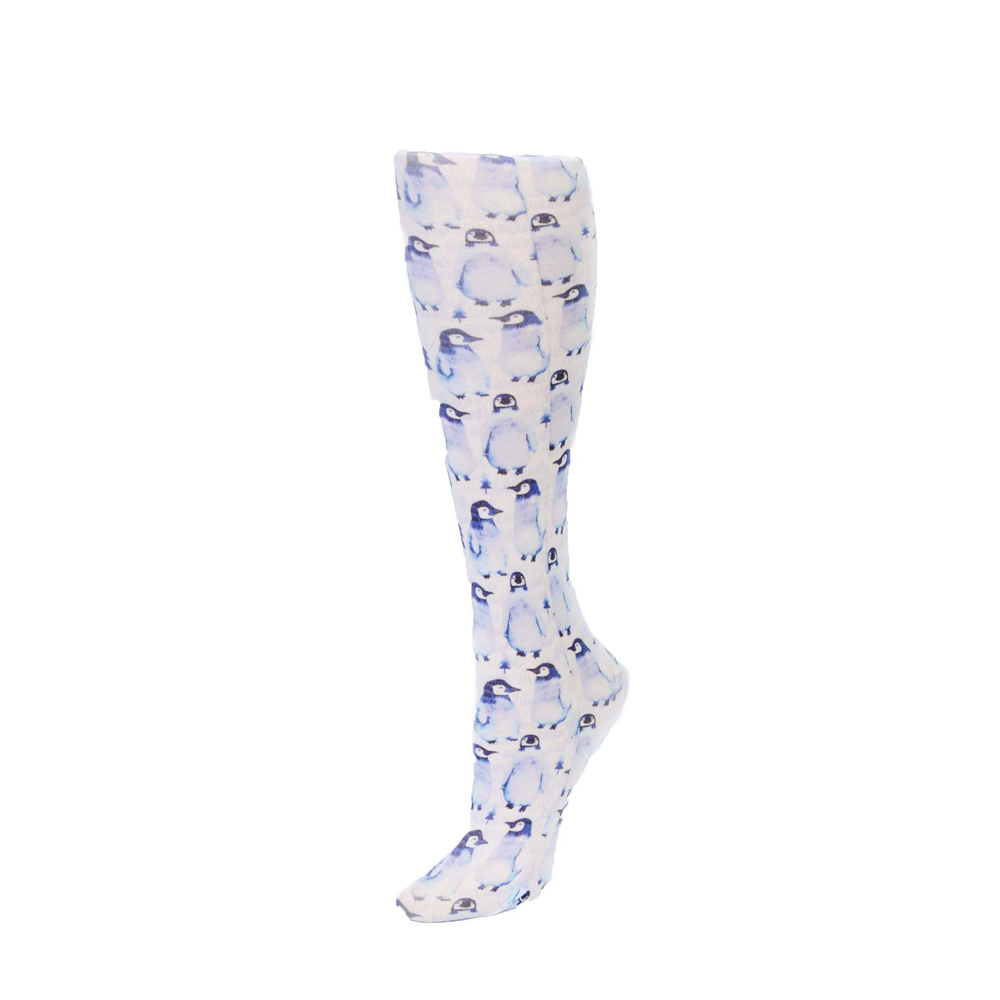 20-30 mmHg Womens Compression Sock with Winter Penguins Pattern, White - Queen