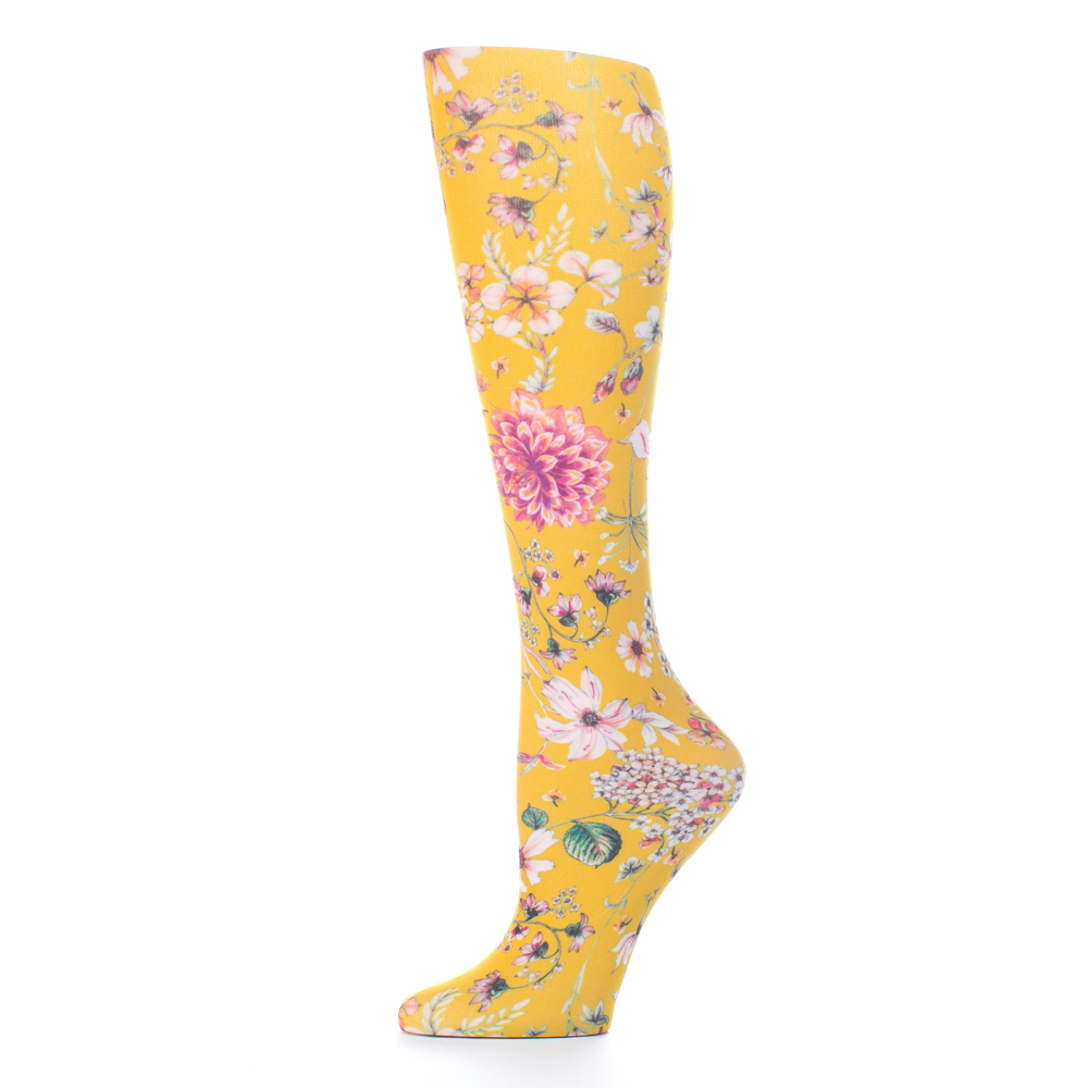 20-30 mmHg Compression Sock with Prairie Flowers Gold Pattern, Yellow - Queen