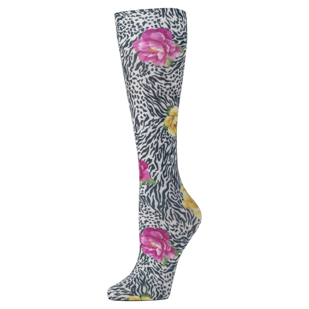 20-30 mmHg Womens Compression Sock with Zebra Rose Pattern, Black & White - Queen