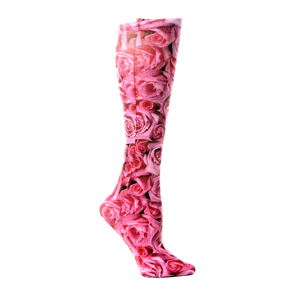 20-30 mmHg Compression Sock with Sweetheart Roses Pattern, Pink - Queen