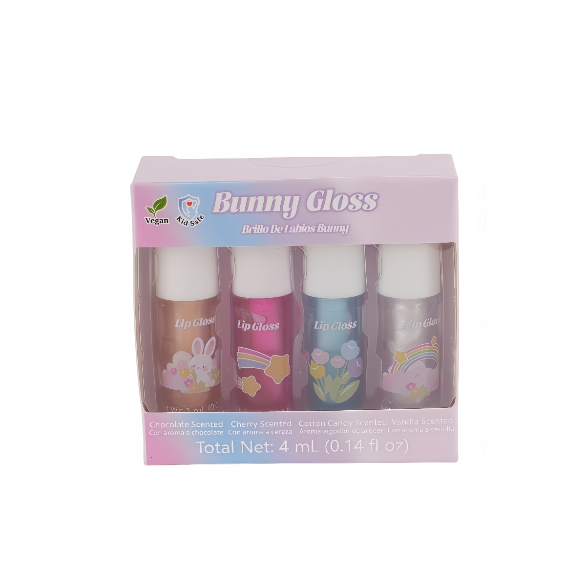 XP274B  Kids Bunny Lip Gloss Set, 4-Pack  Dreamy Rainbow Lip Gloss, Assorted Scents
