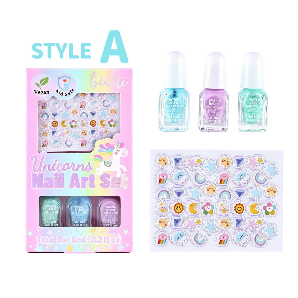XP366A  Unicorn Nail Art Kit for Kids  3 Water-Based Nail Polishes & Nail Stickers, Pastel Blue & Purple