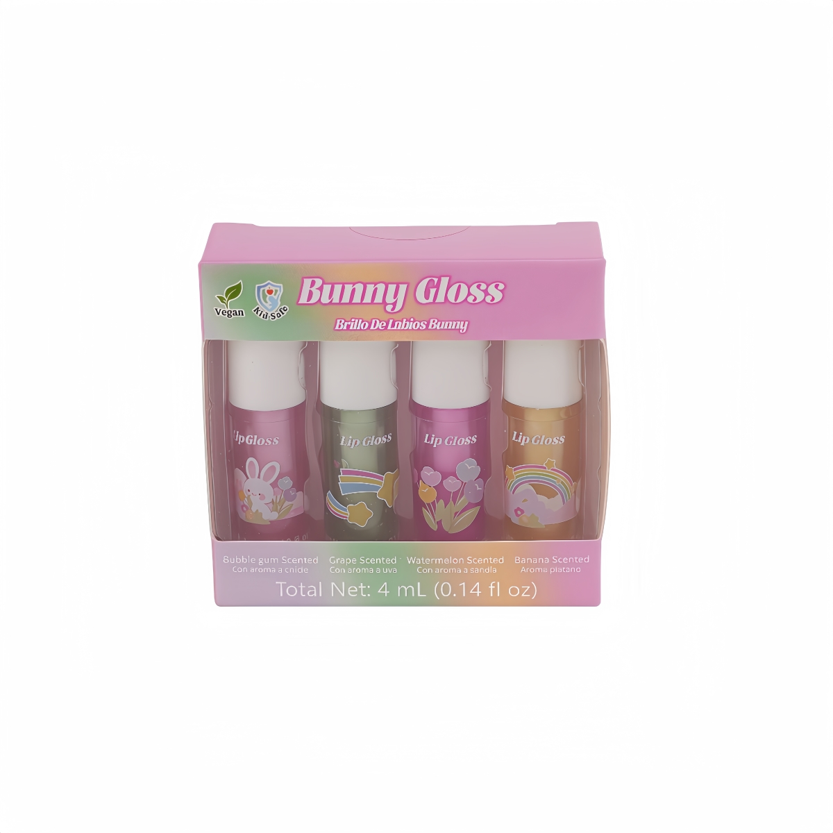 XP274A  Kids Bunny Lip Gloss Set, 4-Pack  Pastel Rainbow Lip Gloss, Assorted Scents