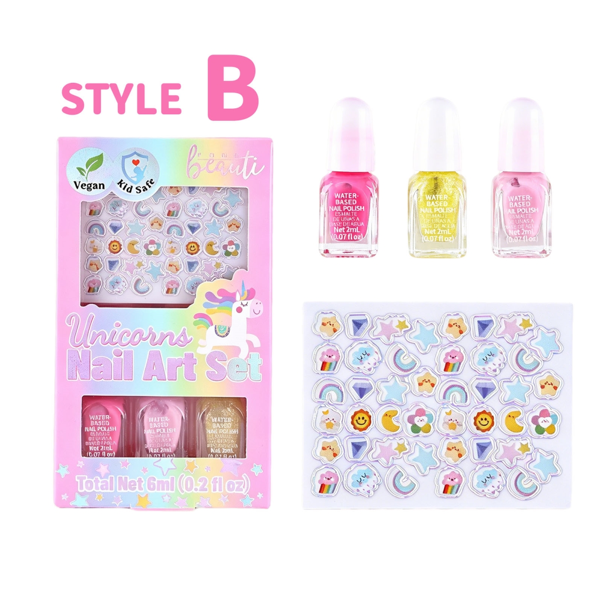 XP366B  Unicorn Nail Art Kit for Kids  3 Water-Based Nail Polishes & Nail Stickers, Pink & Yellow