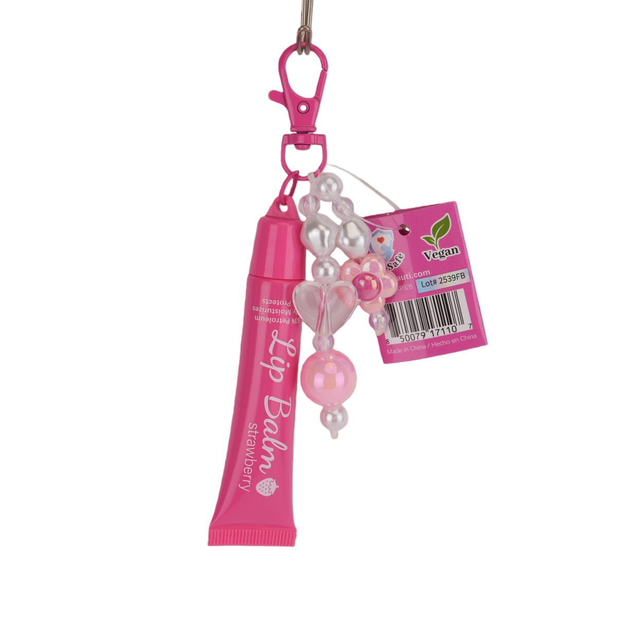 XP328  Strawberry Lip Balm Bag Charm Keychain with Colorful Beads