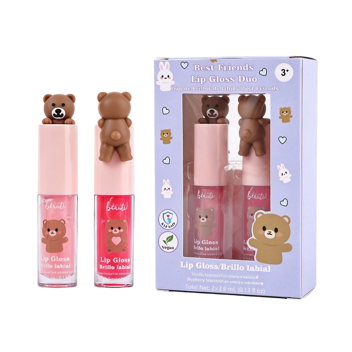 XP265  Best Friends Bear Lip Gloss Duo for Kids, Vanilla & Blueberry Scented, 2-Pack
