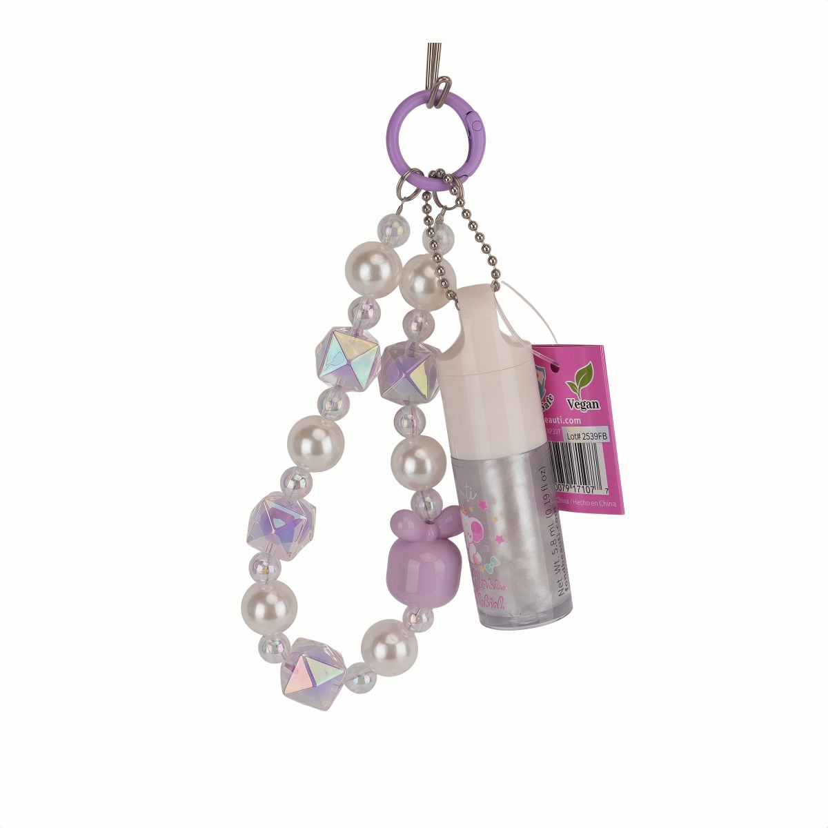 XP337  Kids Lip Gloss Bag Charm Keychain with Pearl & Crystal-Style Beads
