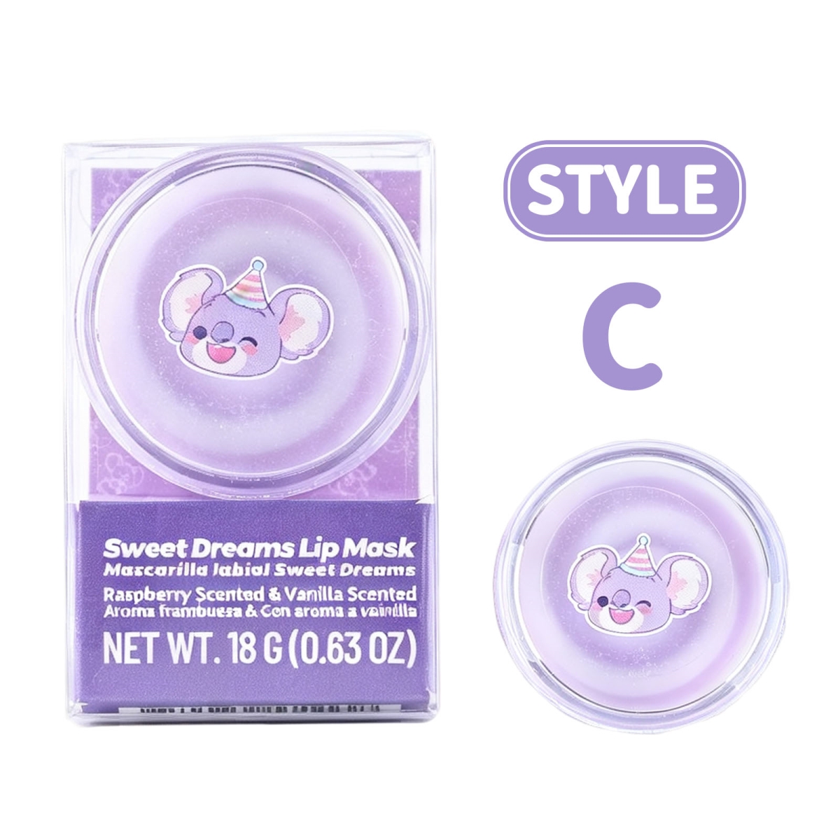 XP301C  Kids Moisturizing Lip Mask, Raspberry & Vanilla Scented Lip Care, Cute Koala Design, Purple