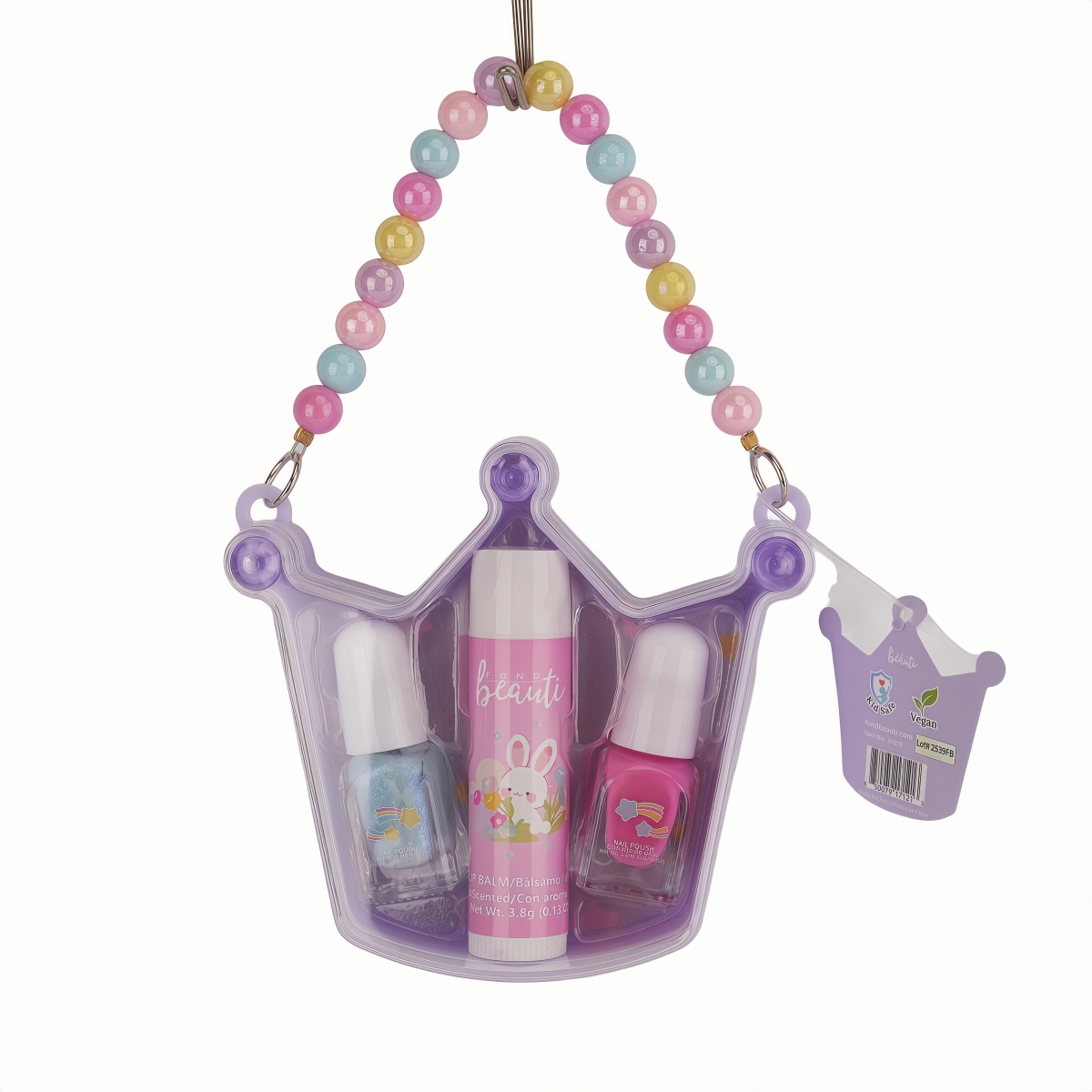 XP278A  Kids Makeup Set in Crown Purse with Beaded Handle  Lip Balm & 2 Water-Based Nail Polishes