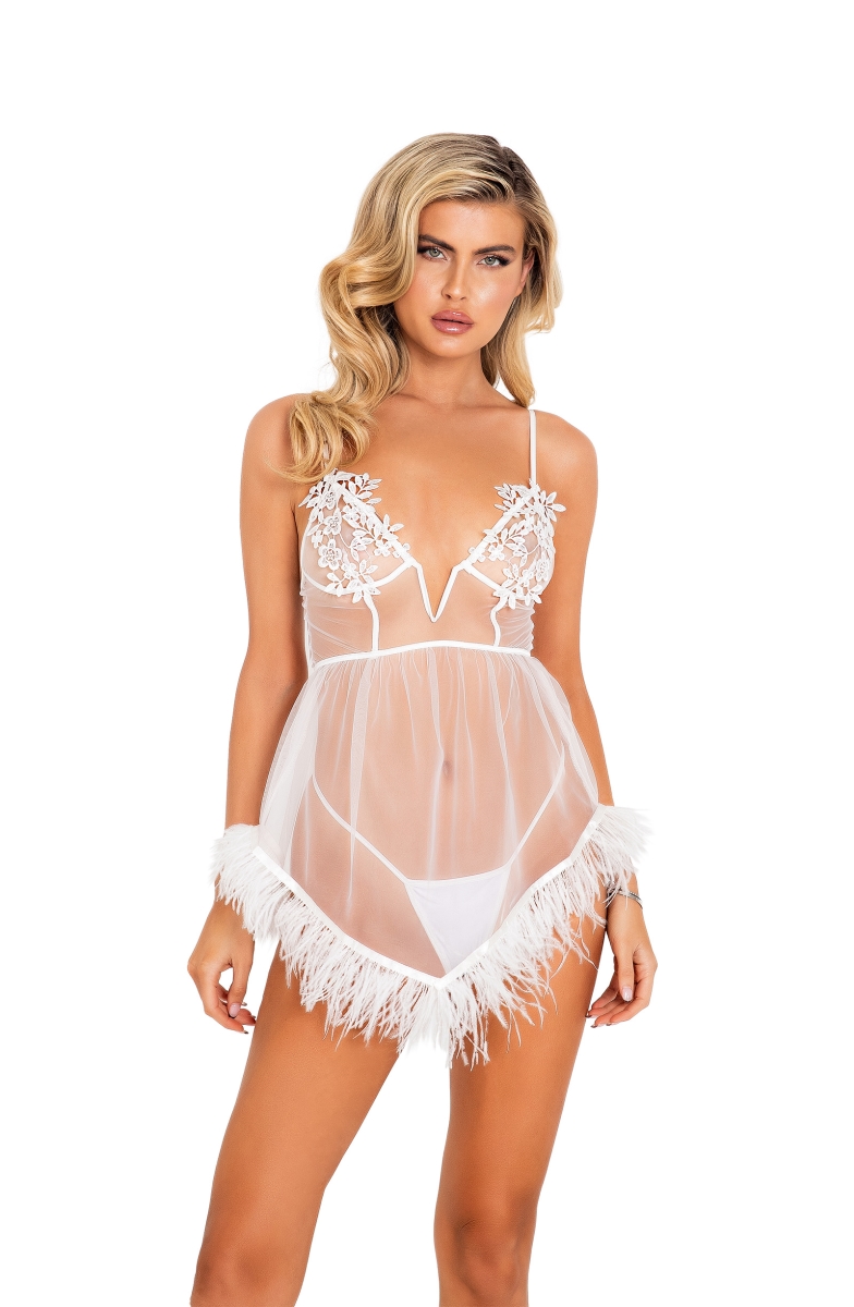 Picture of Roma Confidential LI450-Wht-M Bridal Corset Chemise with Ostrich Feather Trim &amp; Panty  White - Medium - Pack of 2