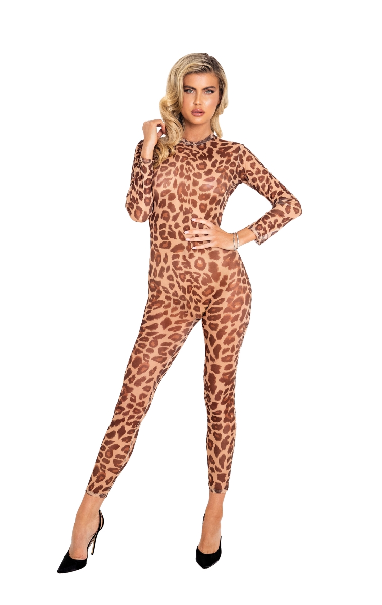Picture of Roma Confidential LI455-Brwn-XL Sheer Leopard Bodysuit  Brown Leopard - Extra Large