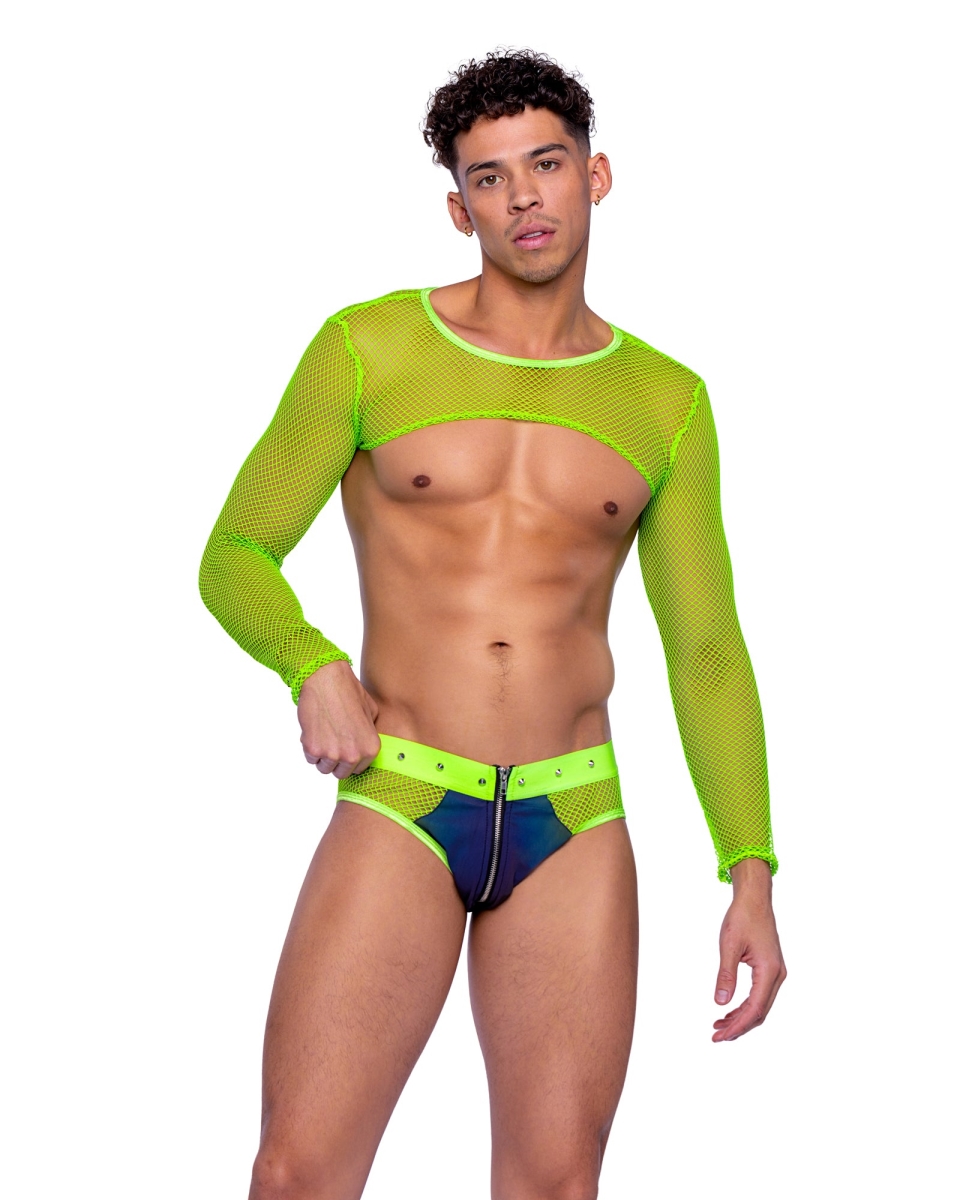 6540-Multi-Lime-XL Mens Reflective Fishnet Briefs with Zipper Closure & Stud, Multi Color & Lime - Extra Large -  Roma Costume, 6540-Multi/Lime-XL