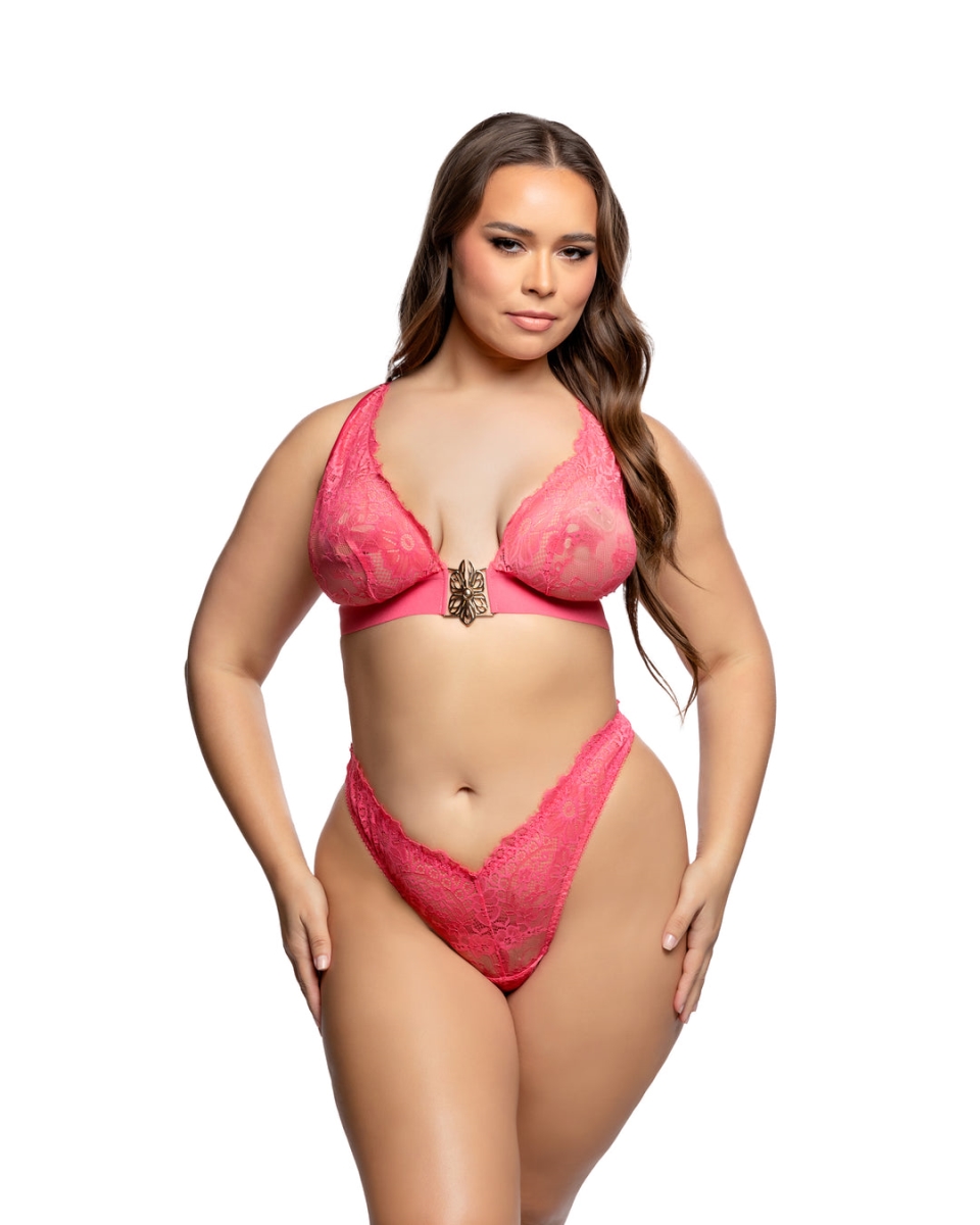 LI1049Q-CORAL-1X-2X Womens Infinite Lace Halter Lingerie Bodysuit, Coral - 1XL & 2XL - 2 Piece