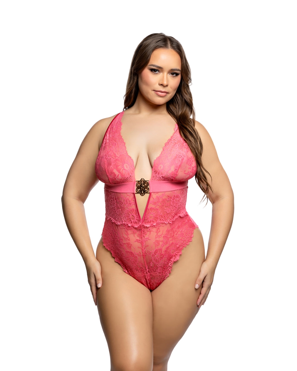 LI1050Q-CORAL-1X-2X Womens Infinite Lace Teddy Lingerie Bodysuit, Coral - 1XL & 2XL