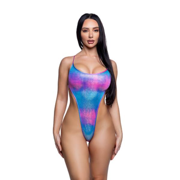 6754-Blue-Pink-O-S Women Metallic String-Back Bodysuit, Blue & Pink - One Size