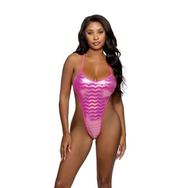 6754-HP-O-S Women Hologram String-Back Bodysuit, Hot Pink - One Size