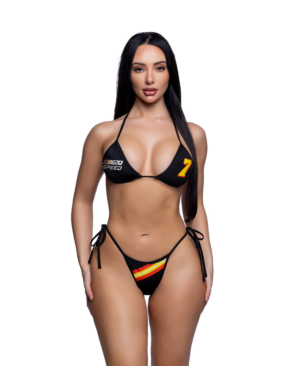 6804-Blk-O-S Women Racer Print Tie Side Bikini Set, Black - One Size - 2 Piece