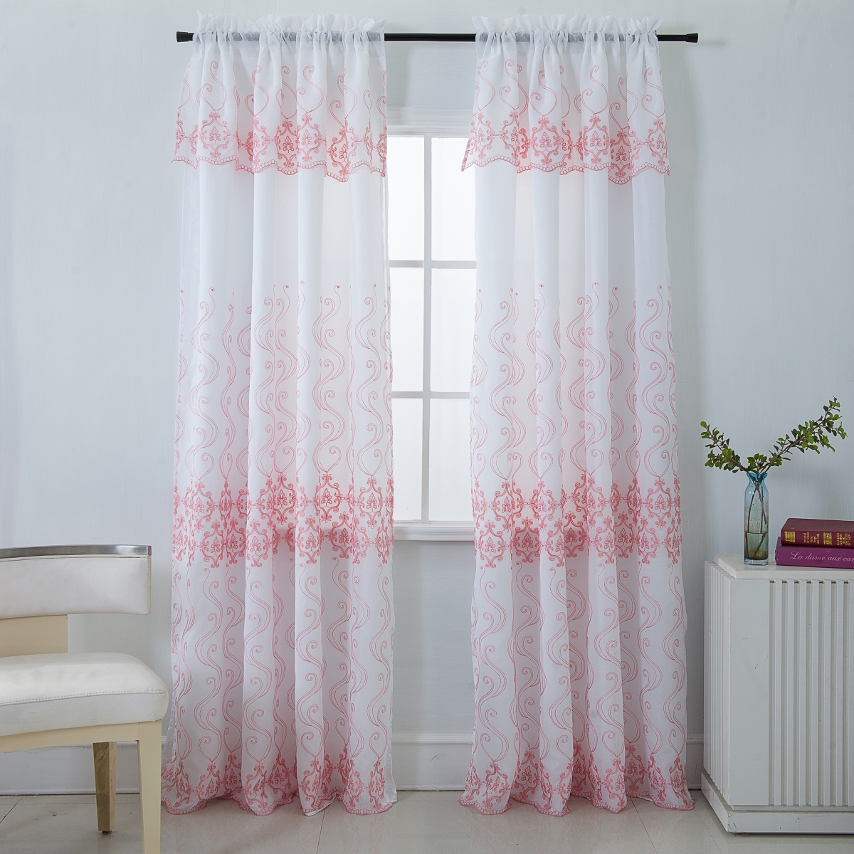 PNB189103 Bristol Damask Embroidered Rod Pocket Single Curtain Panel in Blush - 54 x 90 in.