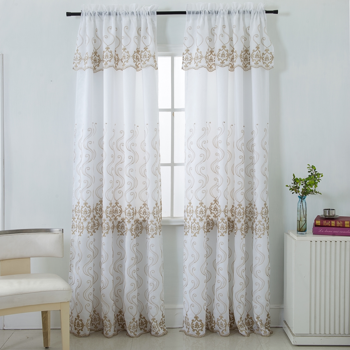 PNB18990 Bristol Damask Embroidered Rod Pocket Single Curtain Panel in Taupe - 54 x 90 in.