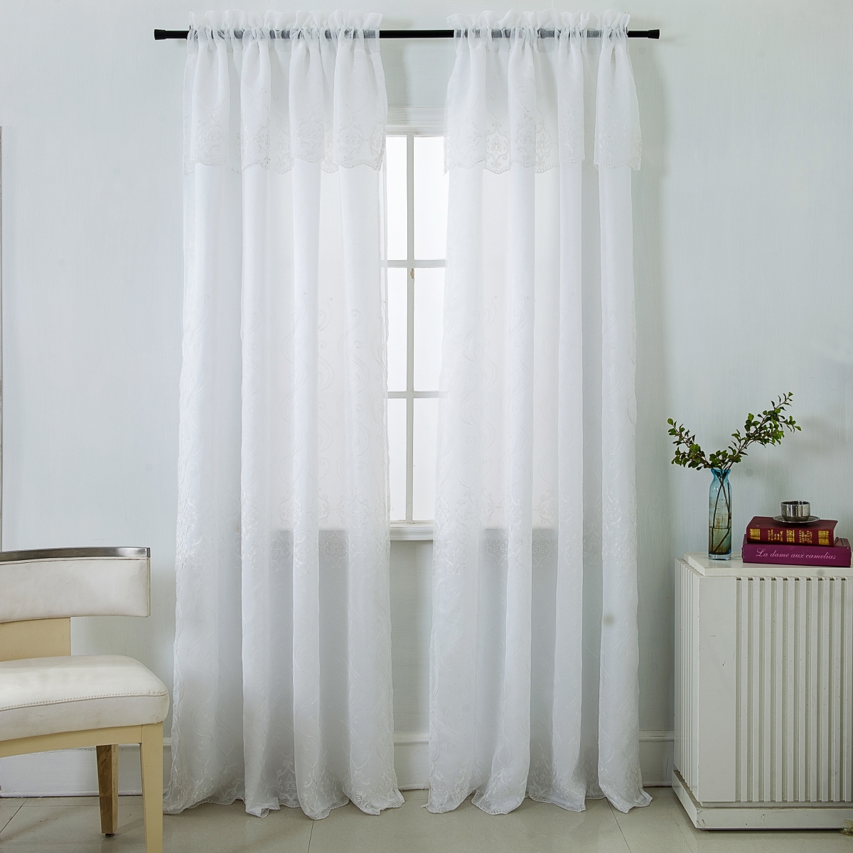 PNB18997 Bristol Damask Embroidered Rod Pocket Single Curtain Panel in White - 54 x 90 in.