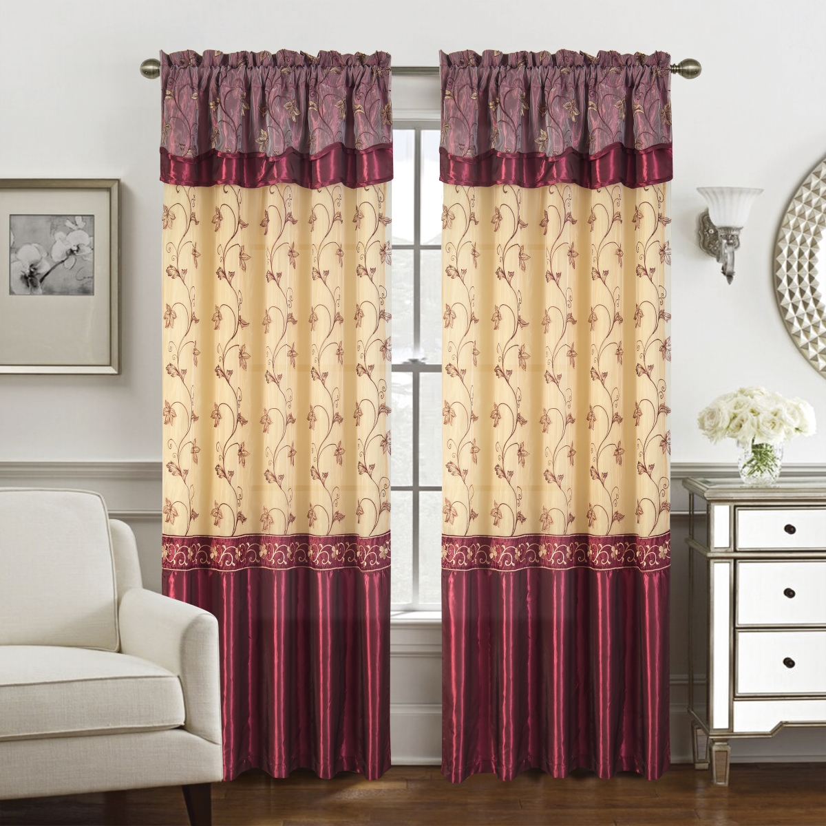 90 in. Pia Embroidered Panel with Double Valance, Burgundy