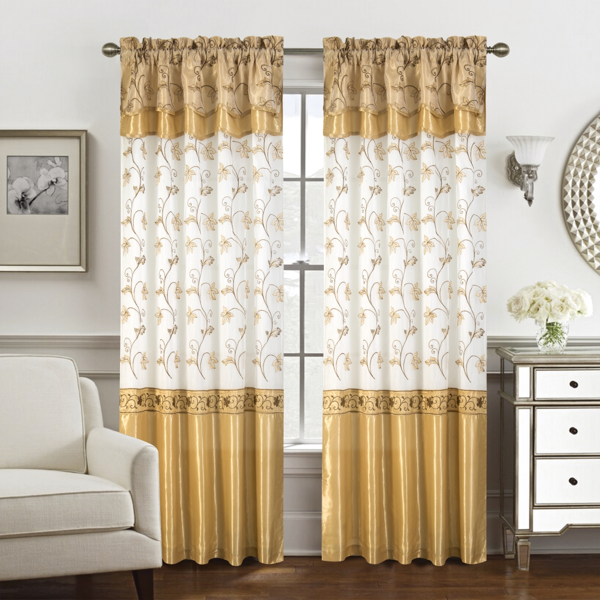 90 in. Pia Embroidered Panel with Double Valance, Gold