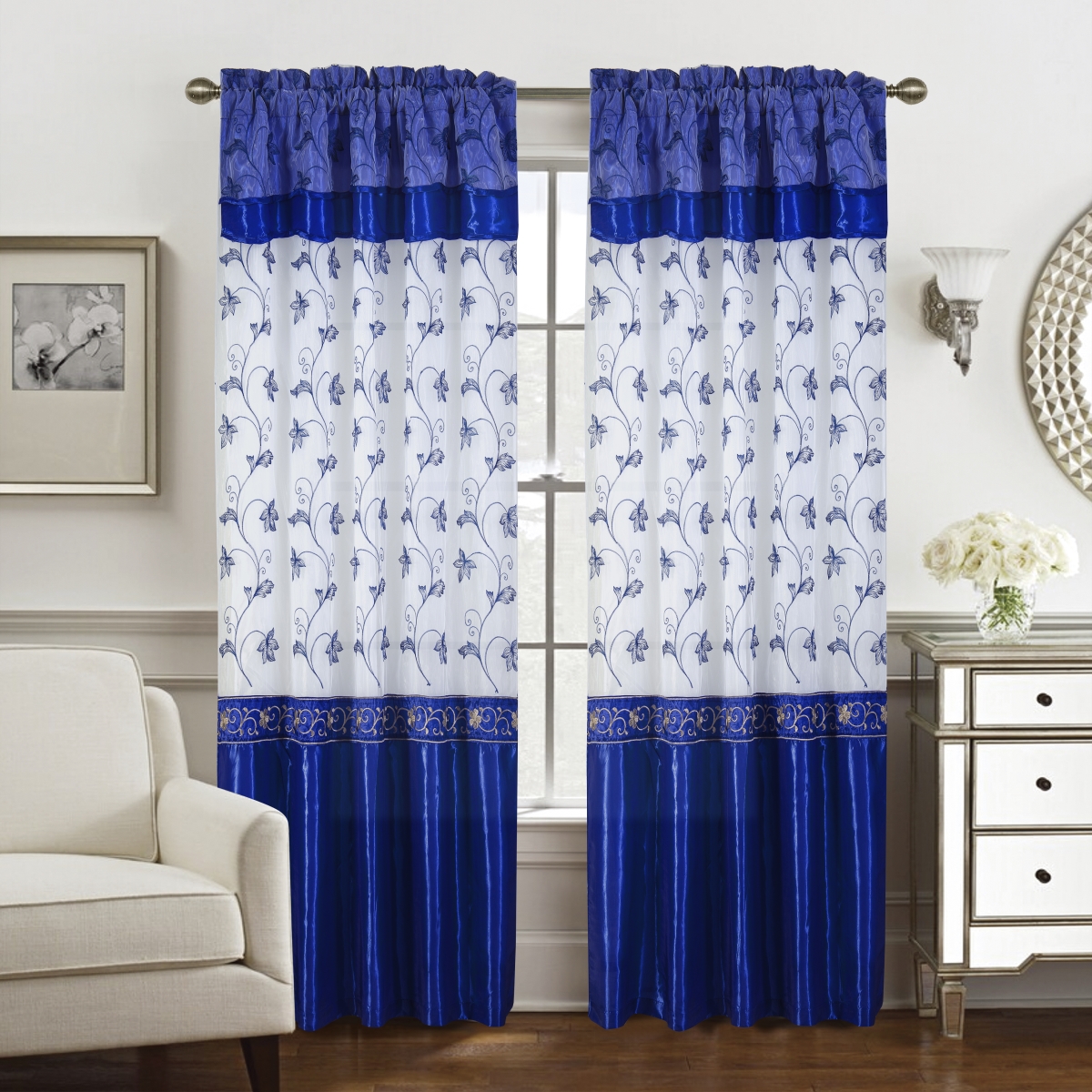 90 in. Pia Embroidered Panel with Double Valance, Navy
