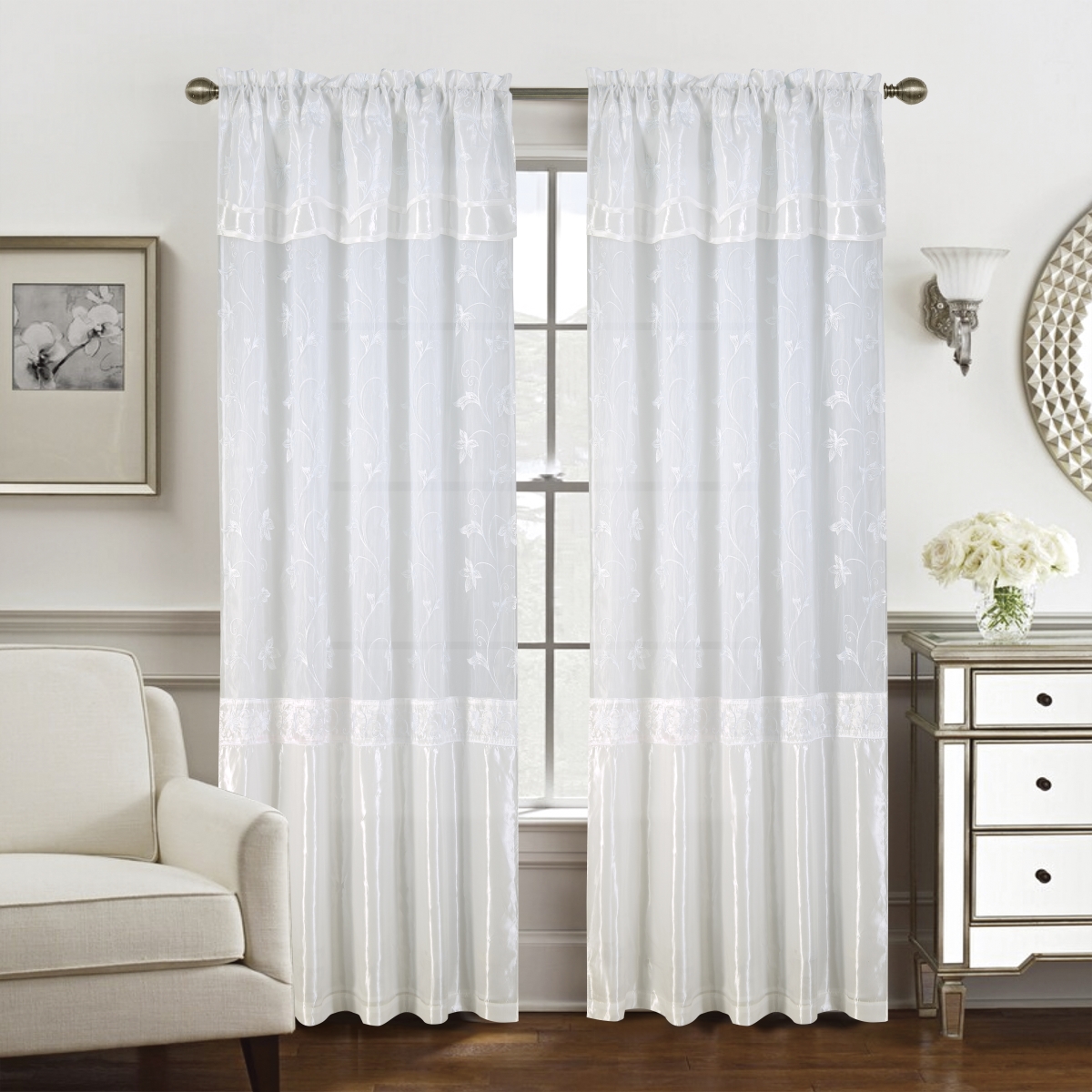 90 in. Pia Embroidered Panel with Double Valance, White