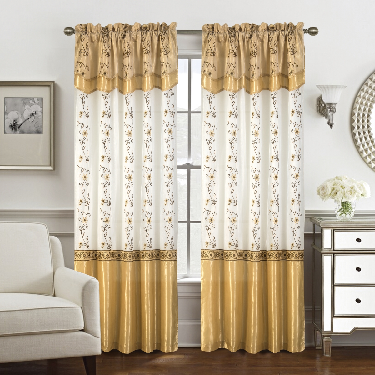 90 in. Priscilla Embroidered Panel with Double Valance, Gold