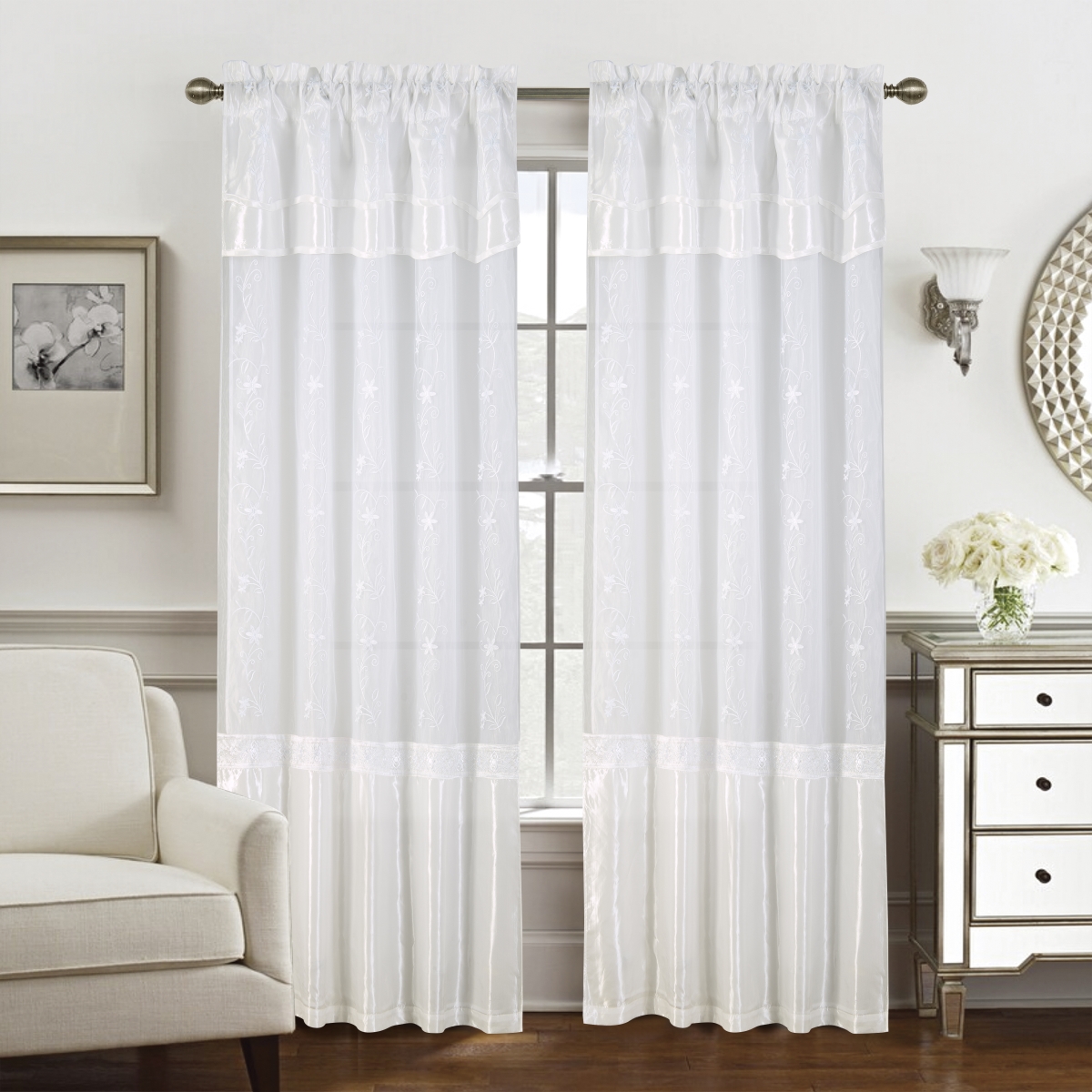 90 in. Priscilla Embroidered Panel with Double Valance, White