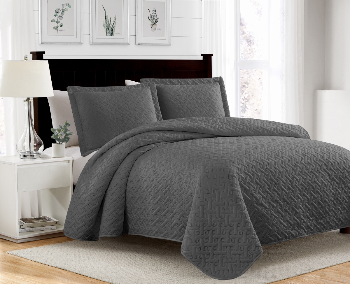 BSB23617K Bella Pinsonic Quilt Set, Charcoal - King Size - 3 Piece
