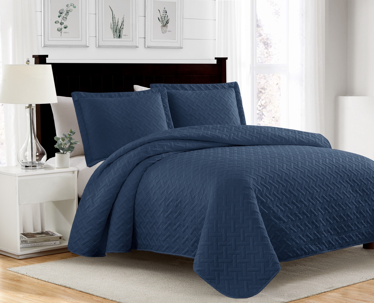 BSB23656Q Bella Pinsonic Quilt Set, Navy - Queen Size - 3 Piece