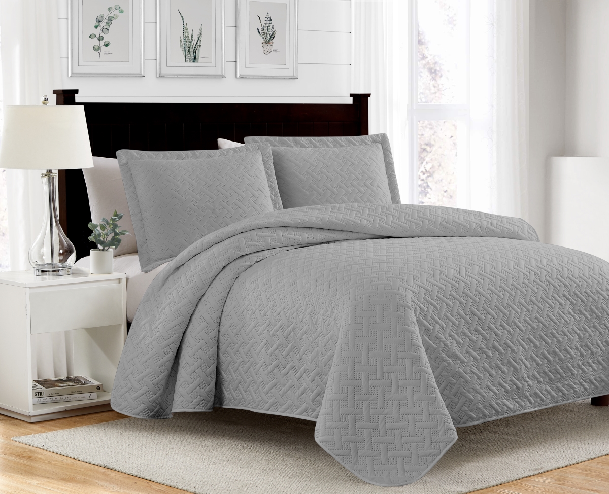BSB23684K Bella Pinsonic Quilt Set, Silver - King Size - 3 Piece