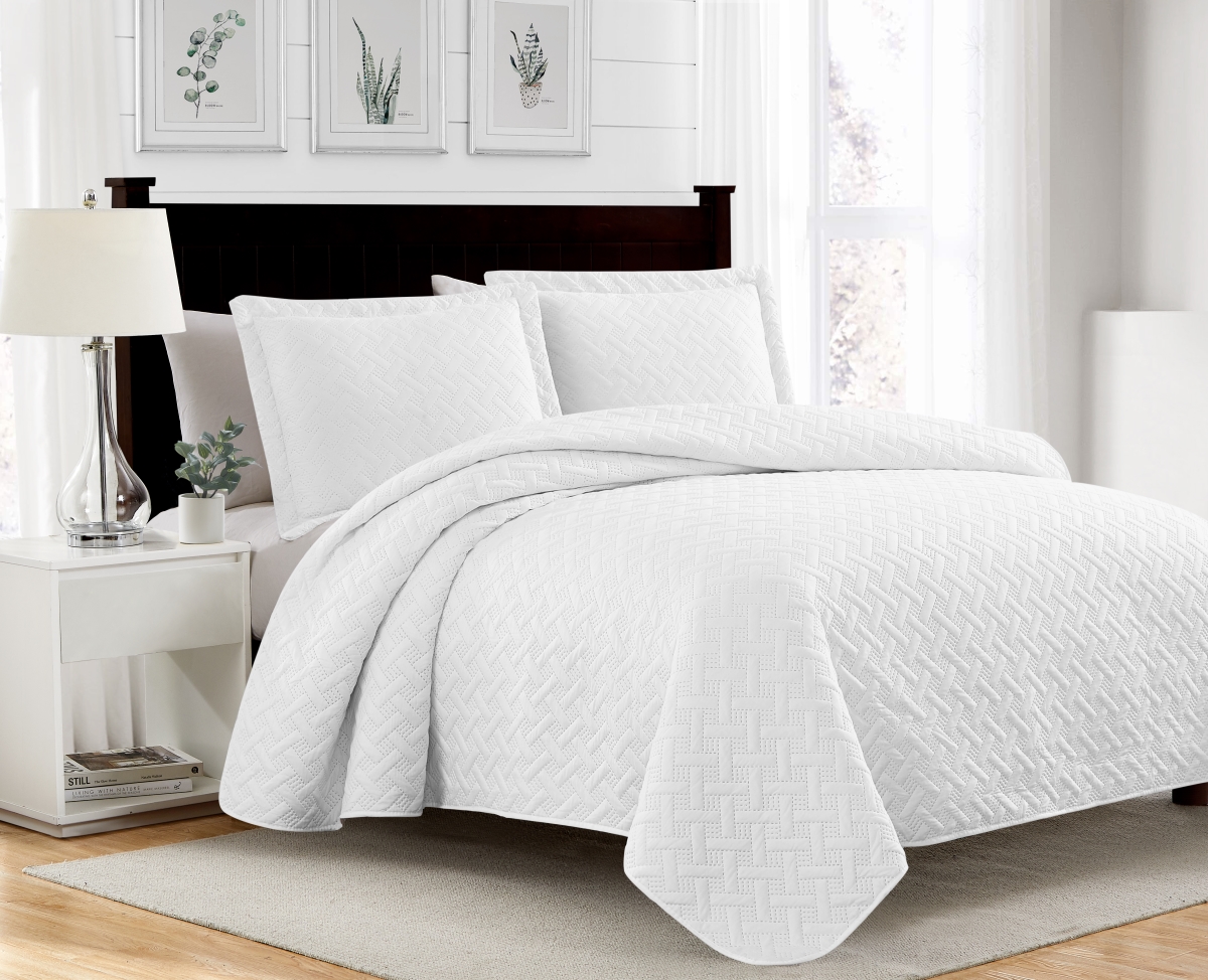 BSB23697Q Bella Pinsonic Quilt Set, White - Queen Size - 3 Piece