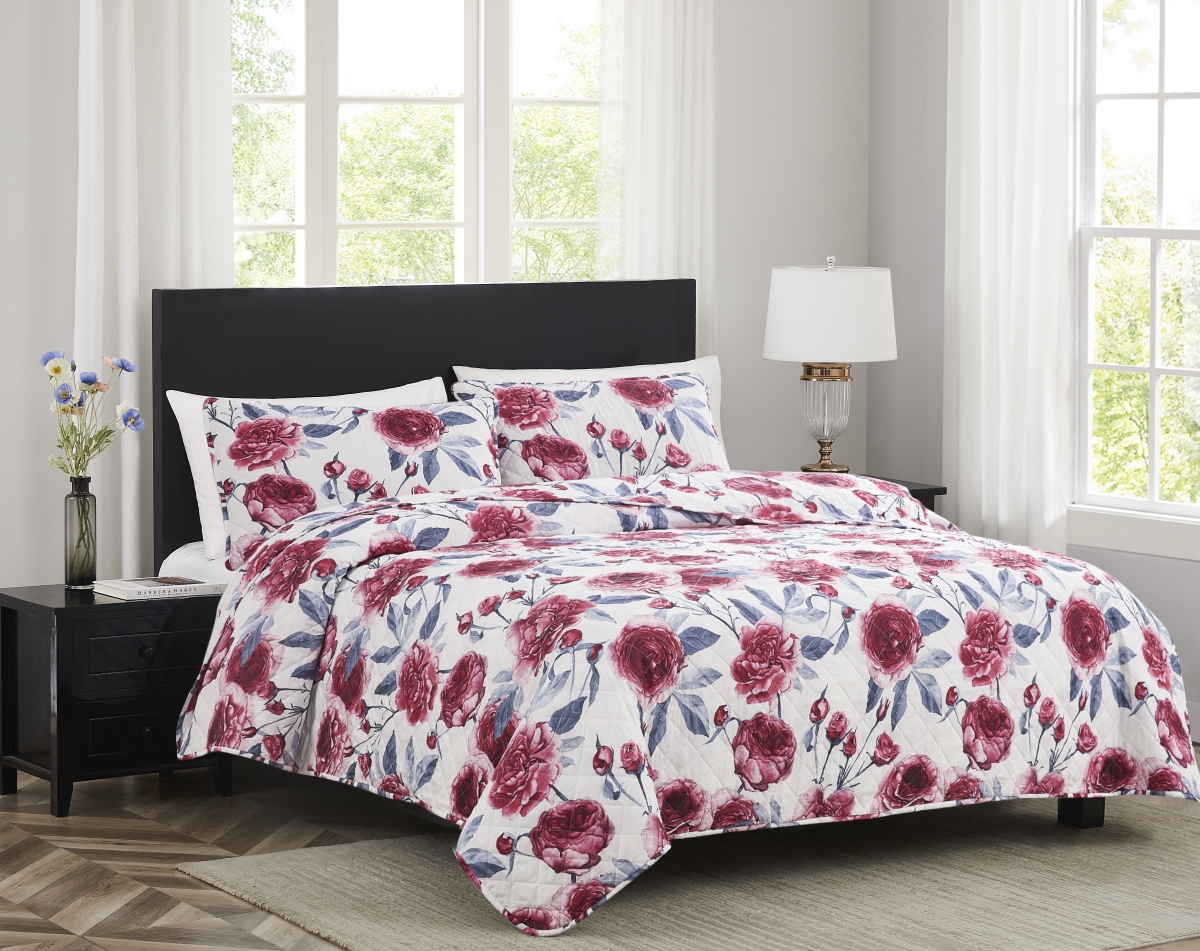 Melrose Rose Stitched OB Quilt - Queen Size - 3 Piece